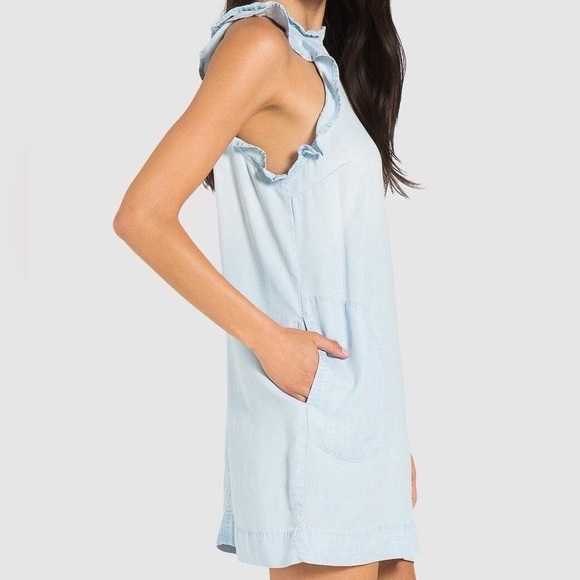 CLOTH & STONE CHAMBRAY MINI DRESS RUFFLE HALTER NECK BLUE SIZE SMALL - Picture 3 of 16
